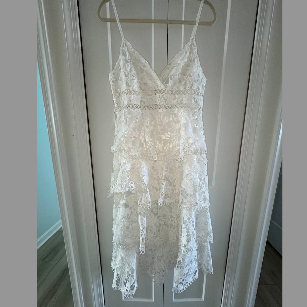 Lulu's Constant Admiration White Crochet Lace Tiered Midi Dress